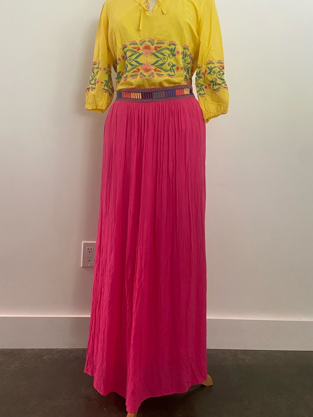 Pink Maxi Skirt w/ Embroidered Waistband